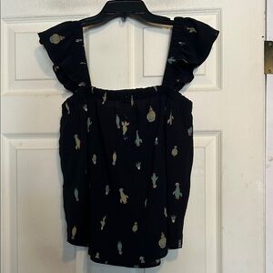 Mine Black Flutter Sleeve Top with a cactus novelty print Size Small